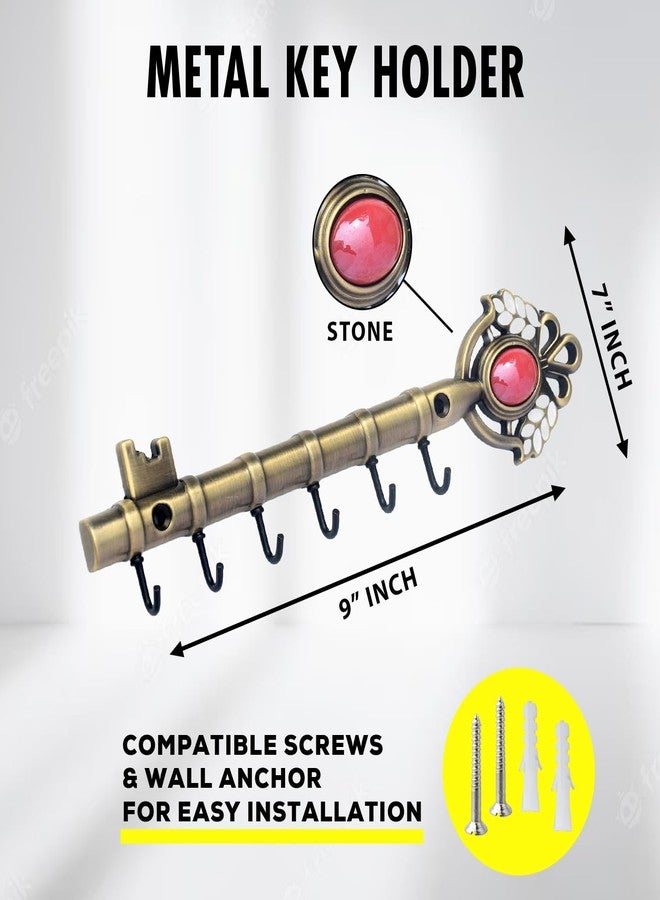 Zeetab Metal Royal Key Holder with Stone, Rajwadi Key Stand Wall Mount Hanger 6 Hook, Home Decor Gift (Antique) - Image 2